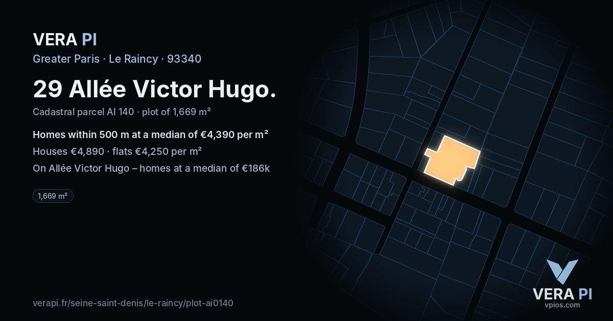 29 Allée Victor Hugo, Le Raincy at night – the plot lit, the parcels around coloured by the prices near them
