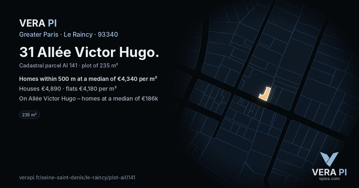 31 Allée Victor Hugo, Le Raincy at night – the plot lit, the parcels around coloured by the prices near them