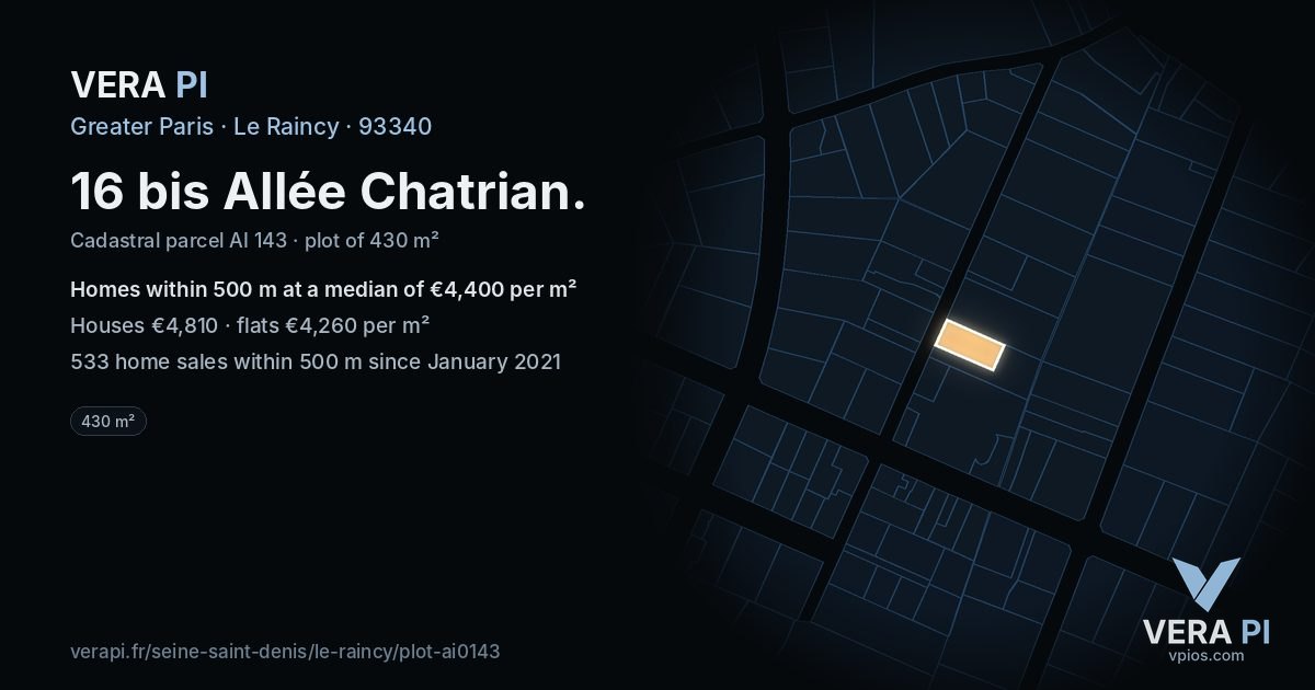 16 bis Allée Chatrian, Le Raincy at night – the plot lit, the parcels around coloured by the prices near them