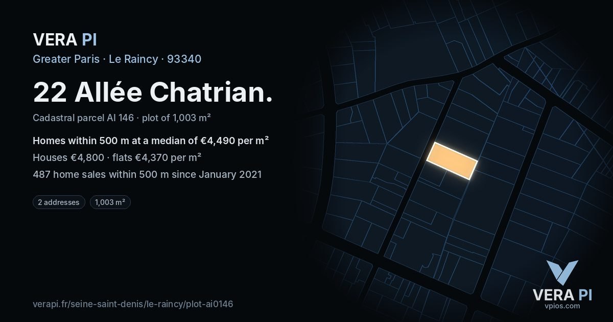 22 Allée Chatrian, Le Raincy at night – the plot lit, the parcels around coloured by the prices near them