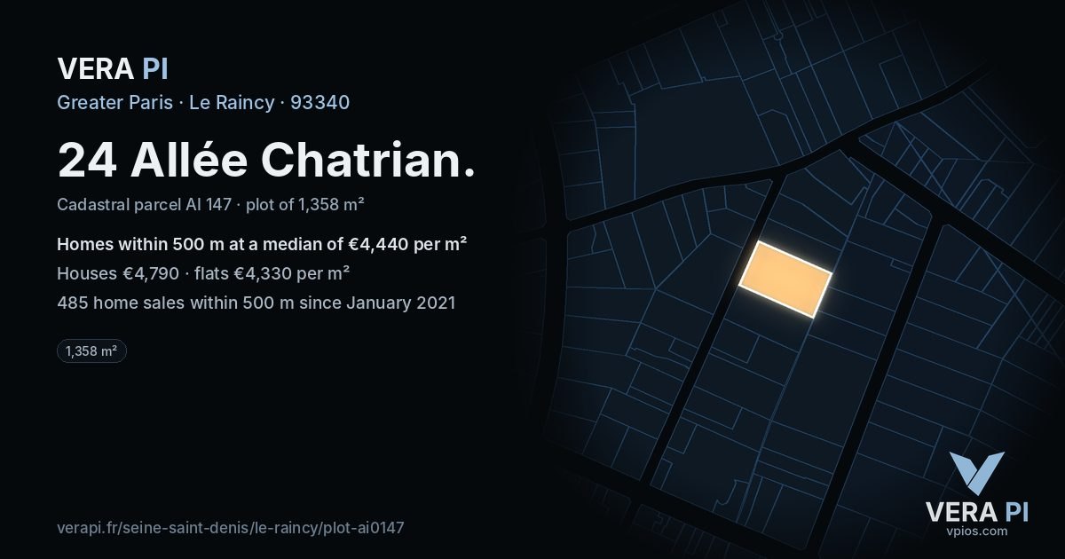 24 Allée Chatrian, Le Raincy at night – the plot lit, the parcels around coloured by the prices near them