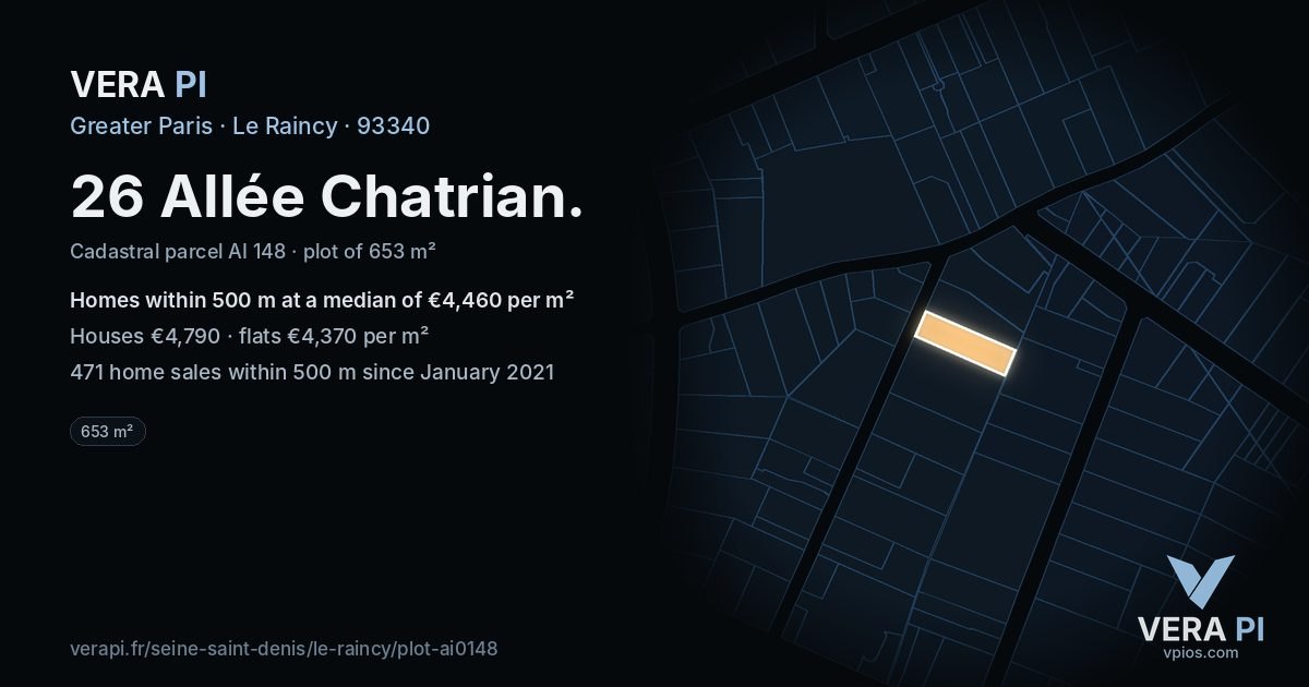 26 Allée Chatrian, Le Raincy at night – the plot lit, the parcels around coloured by the prices near them