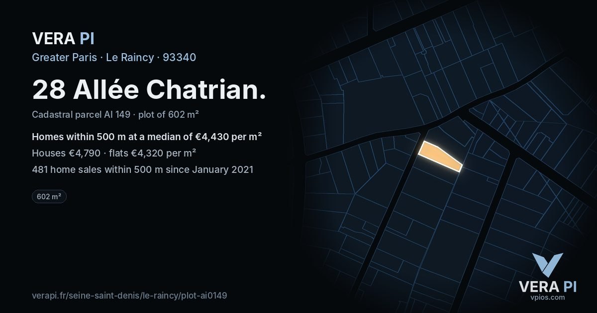 28 Allée Chatrian, Le Raincy at night – the plot lit, the parcels around coloured by the prices near them