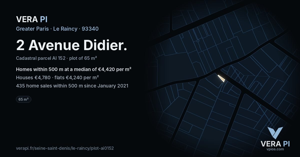 2 Avenue Didier, Le Raincy at night – the plot lit, the parcels around coloured by the prices near them