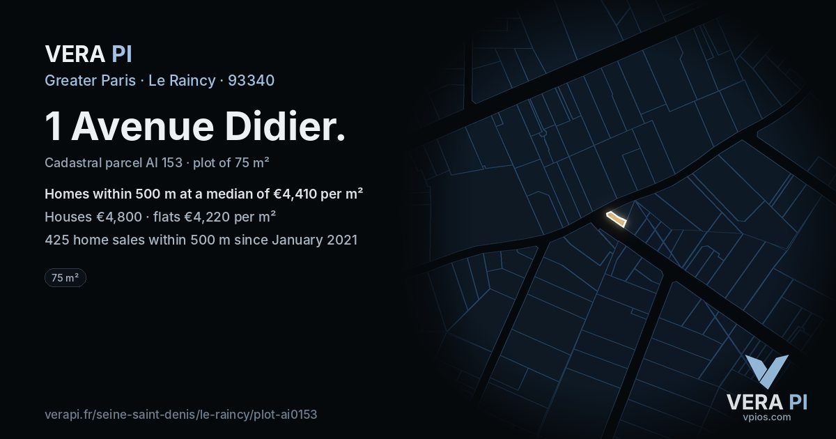 1 Avenue Didier, Le Raincy at night – the plot lit, the parcels around coloured by the prices near them