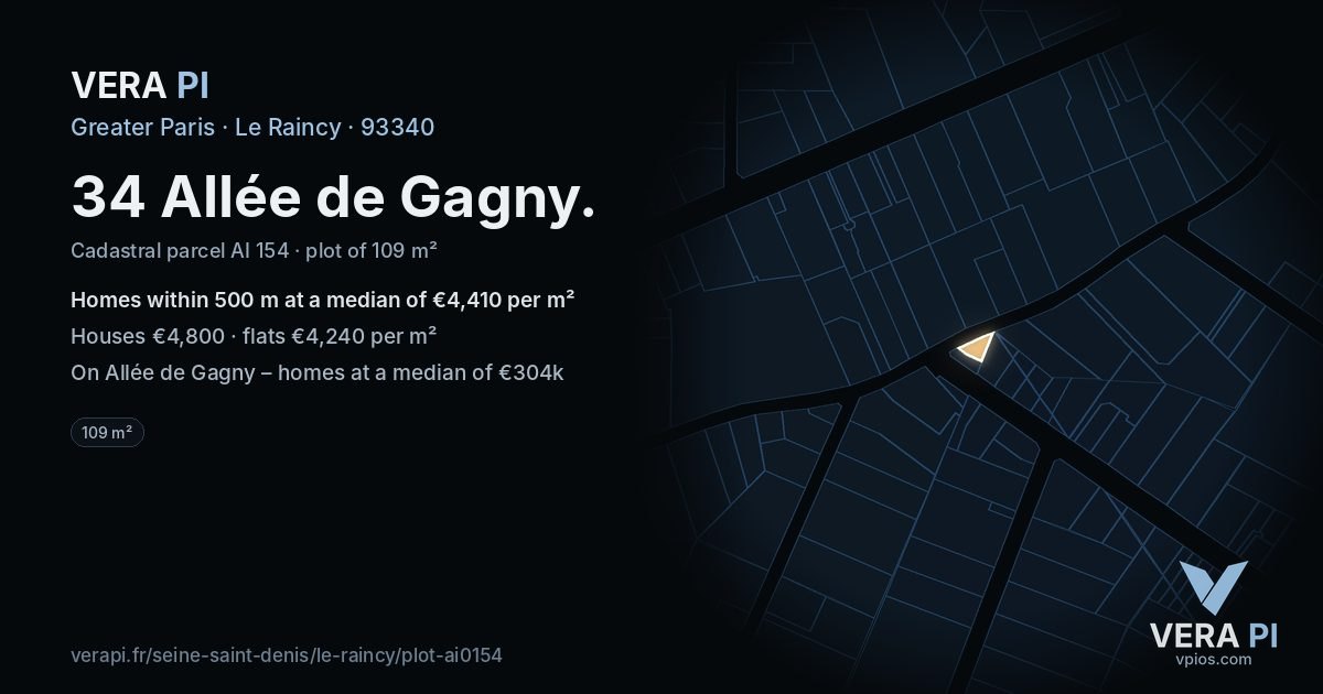 34 Allée de Gagny, Le Raincy at night – the plot lit, the parcels around coloured by the prices near them