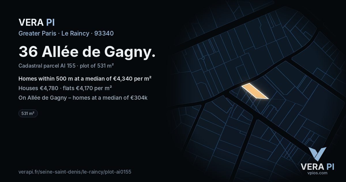 36 Allée de Gagny, Le Raincy at night – the plot lit, the parcels around coloured by the prices near them