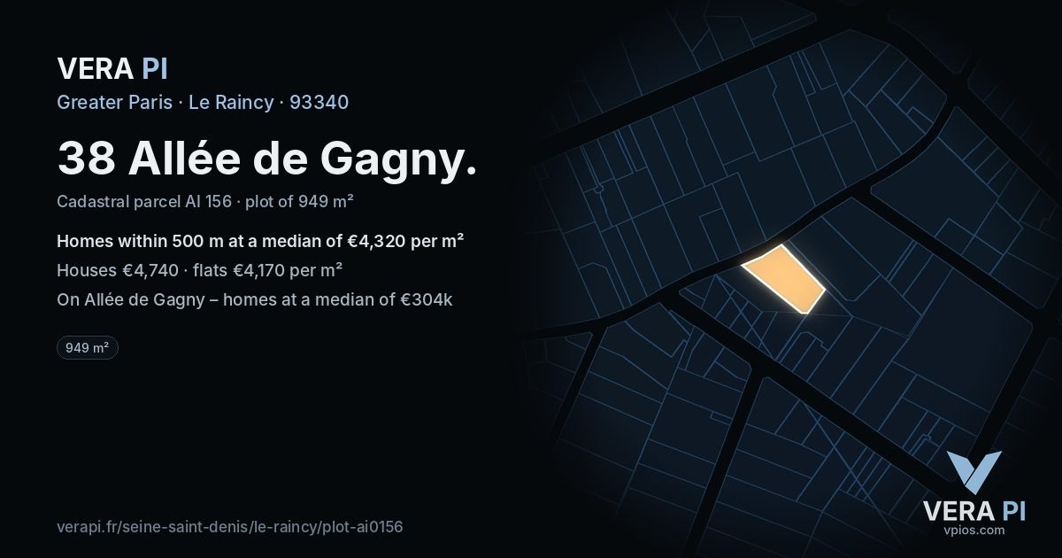 38 Allée de Gagny, Le Raincy at night – the plot lit, the parcels around coloured by the prices near them