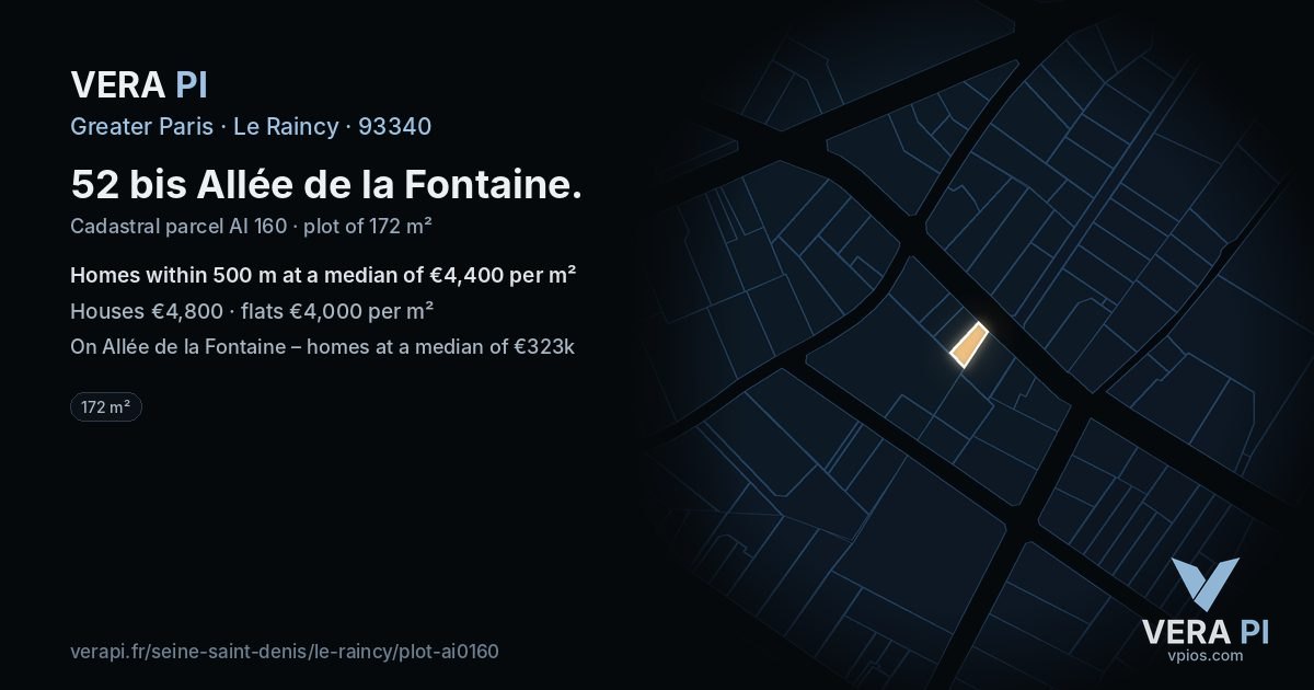 52 bis Allée de la Fontaine, Le Raincy at night – the plot lit, the parcels around coloured by the prices near them