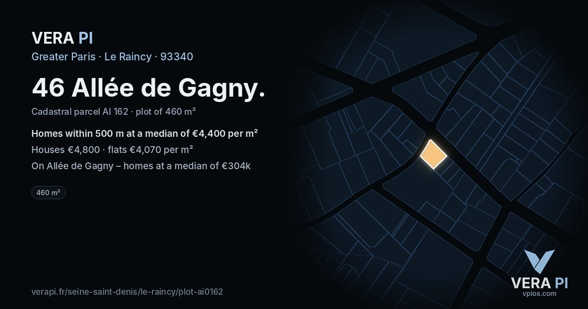 46 Allée de Gagny, Le Raincy at night – the plot lit, the parcels around coloured by the prices near them