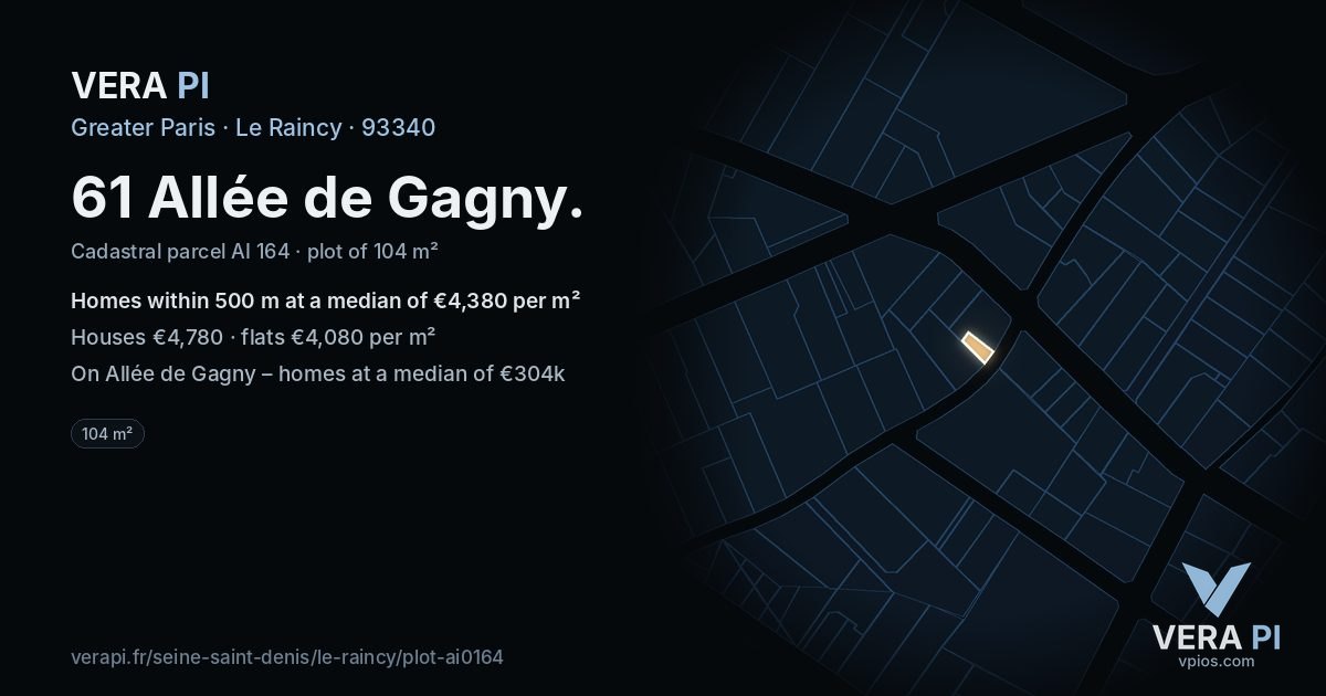 61 Allée de Gagny, Le Raincy at night – the plot lit, the parcels around coloured by the prices near them