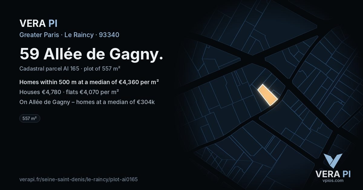 59 Allée de Gagny, Le Raincy at night – the plot lit, the parcels around coloured by the prices near them