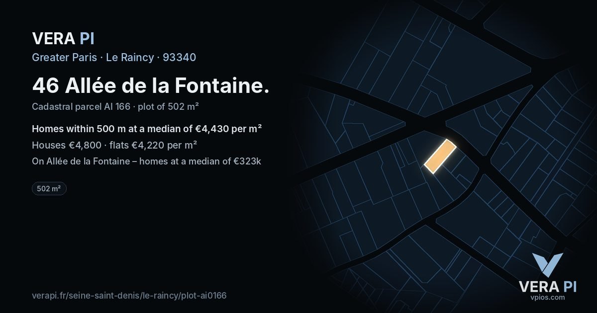 46 Allée de la Fontaine, Le Raincy at night – the plot lit, the parcels around coloured by the prices near them
