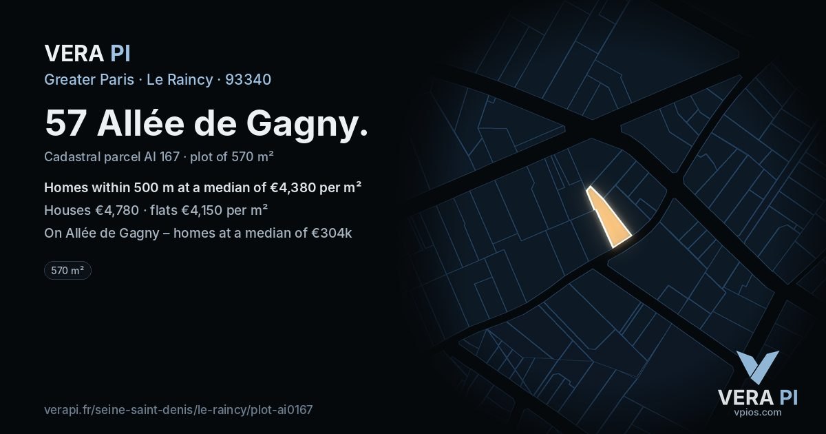 57 Allée de Gagny, Le Raincy at night – the plot lit, the parcels around coloured by the prices near them