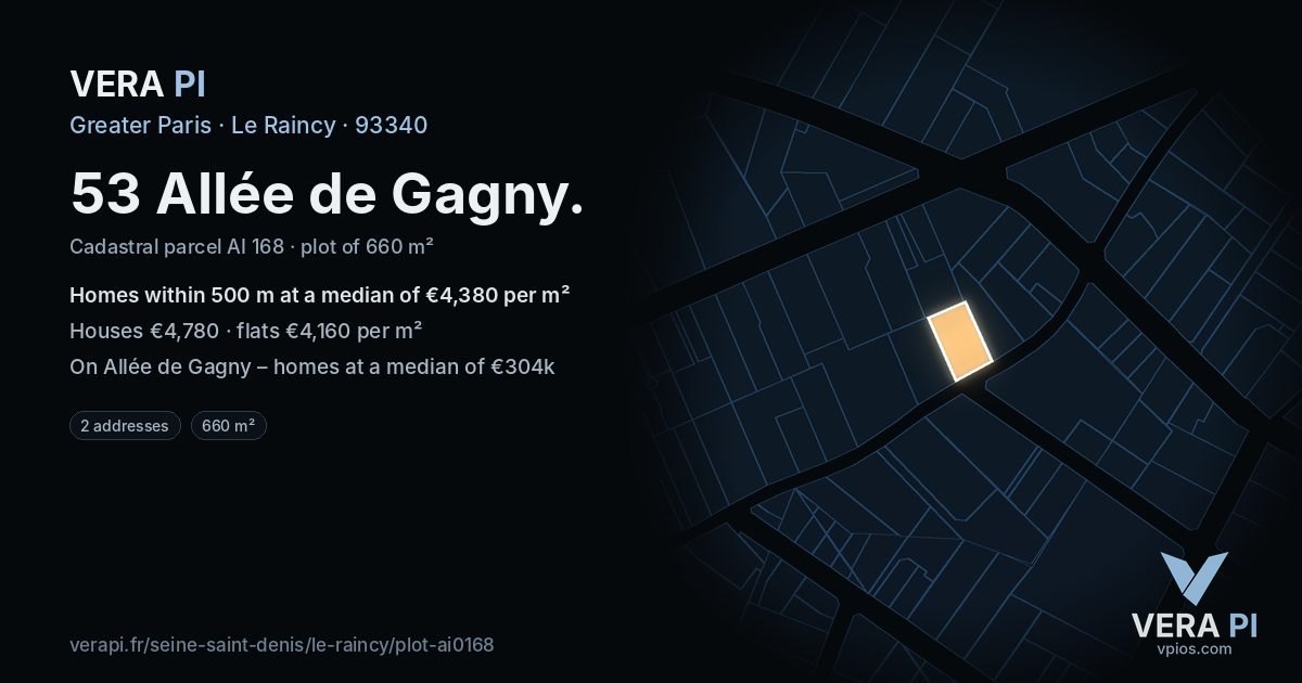 53 Allée de Gagny, Le Raincy at night – the plot lit, the parcels around coloured by the prices near them