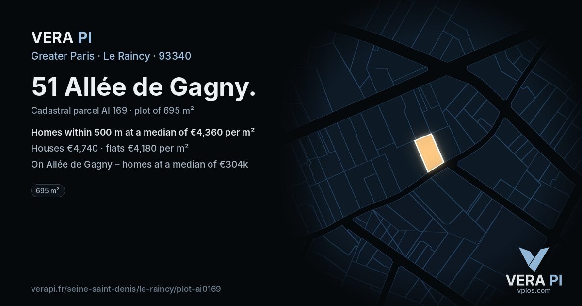 51 Allée de Gagny, Le Raincy at night – the plot lit, the parcels around coloured by the prices near them