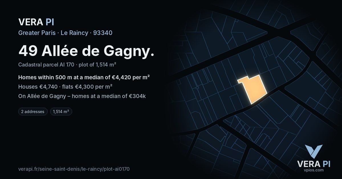 49 Allée de Gagny, Le Raincy at night – the plot lit, the parcels around coloured by the prices near them