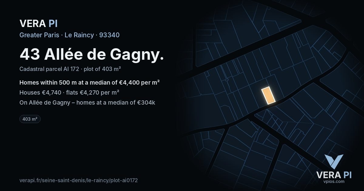 43 Allée de Gagny, Le Raincy at night – the plot lit, the parcels around coloured by the prices near them