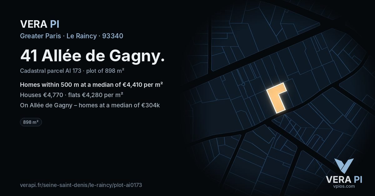 41 Allée de Gagny, Le Raincy at night – the plot lit, the parcels around coloured by the prices near them