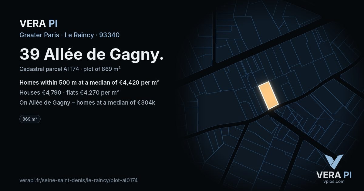 39 Allée de Gagny, Le Raincy at night – the plot lit, the parcels around coloured by the prices near them
