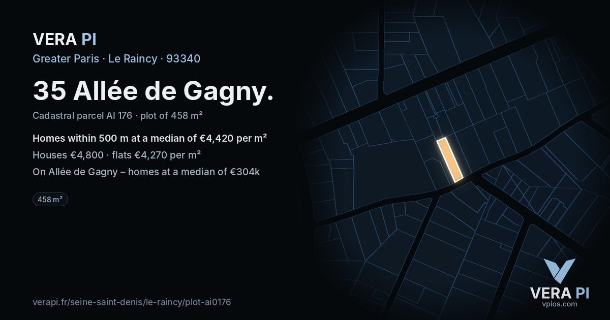35 Allée de Gagny, Le Raincy at night – the plot lit, the parcels around coloured by the prices near them