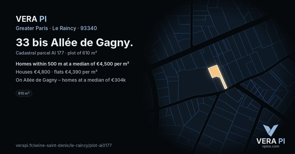 33 bis Allée de Gagny, Le Raincy at night – the plot lit, the parcels around coloured by the prices near them