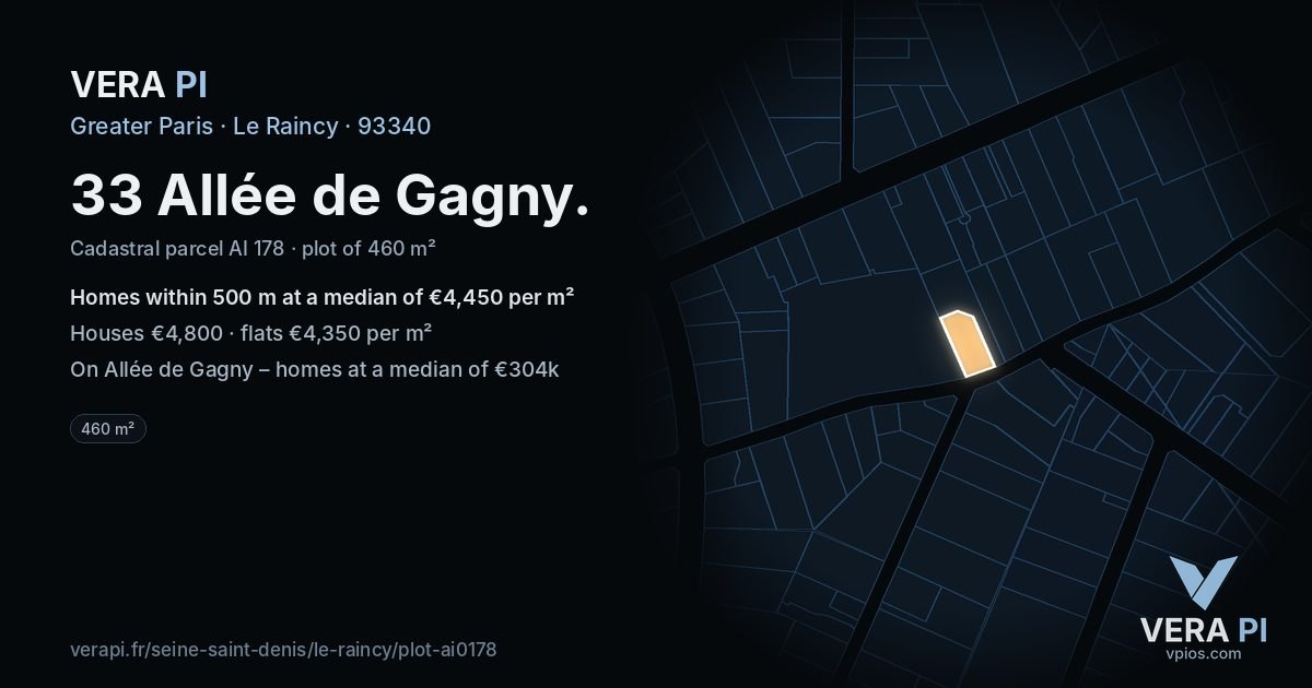 33 Allée de Gagny, Le Raincy at night – the plot lit, the parcels around coloured by the prices near them