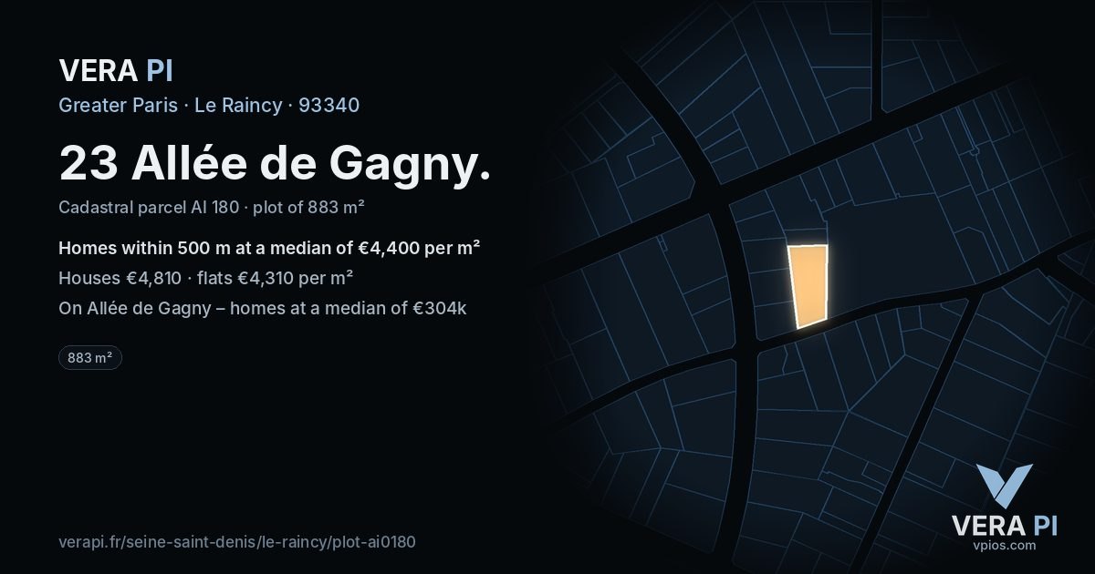 23 Allée de Gagny, Le Raincy at night – the plot lit, the parcels around coloured by the prices near them