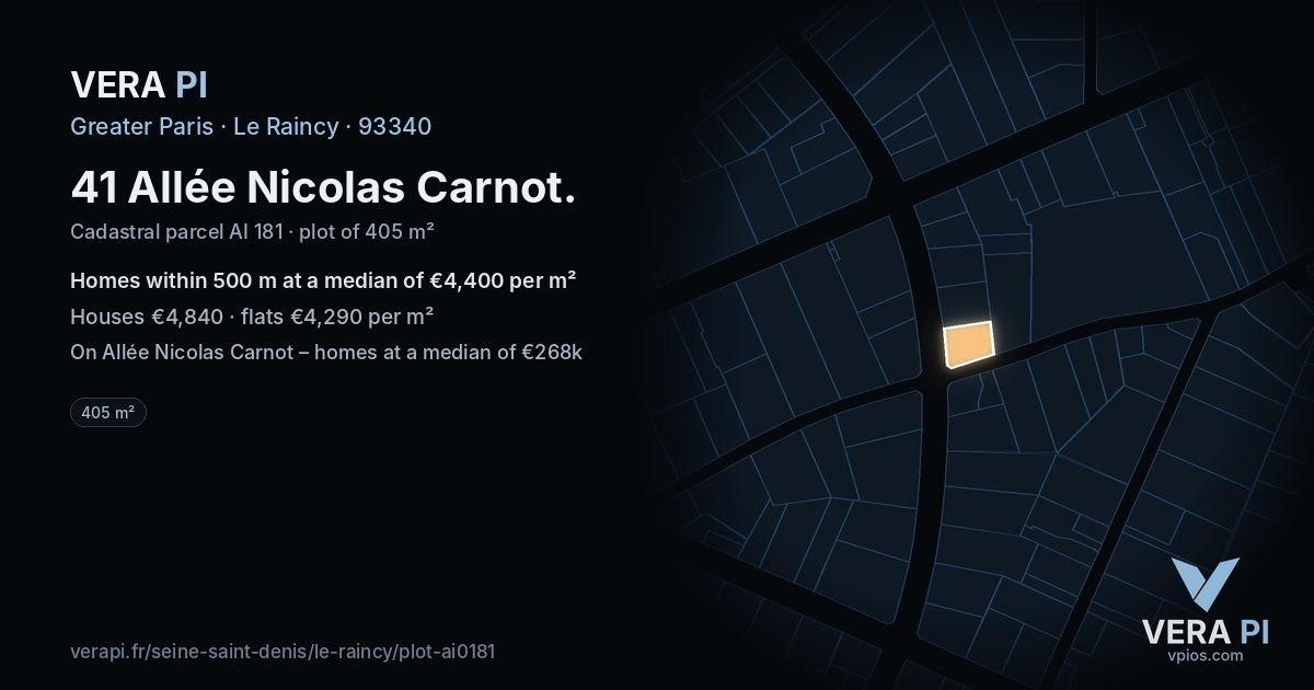 41 Allée Nicolas Carnot, Le Raincy at night – the plot lit, the parcels around coloured by the prices near them