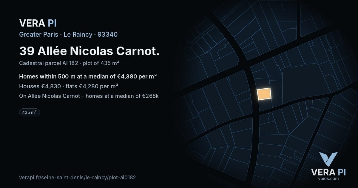 39 Allée Nicolas Carnot, Le Raincy at night – the plot lit, the parcels around coloured by the prices near them