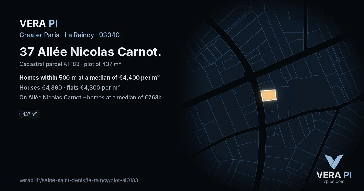 37 Allée Nicolas Carnot, Le Raincy at night – the plot lit, the parcels around coloured by the prices near them