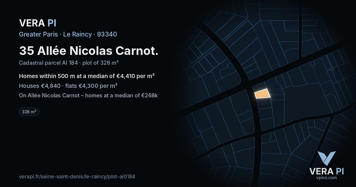 35 Allée Nicolas Carnot, Le Raincy at night – the plot lit, the parcels around coloured by the prices near them