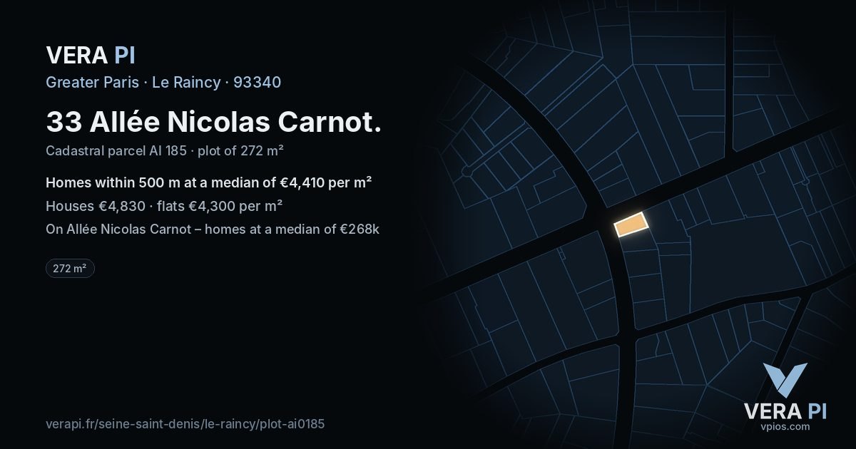 33 Allée Nicolas Carnot, Le Raincy at night – the plot lit, the parcels around coloured by the prices near them
