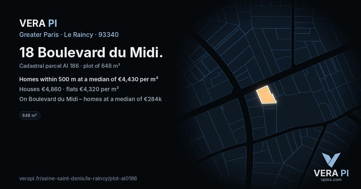 18 Boulevard du Midi, Le Raincy at night – the plot lit, the parcels around coloured by the prices near them