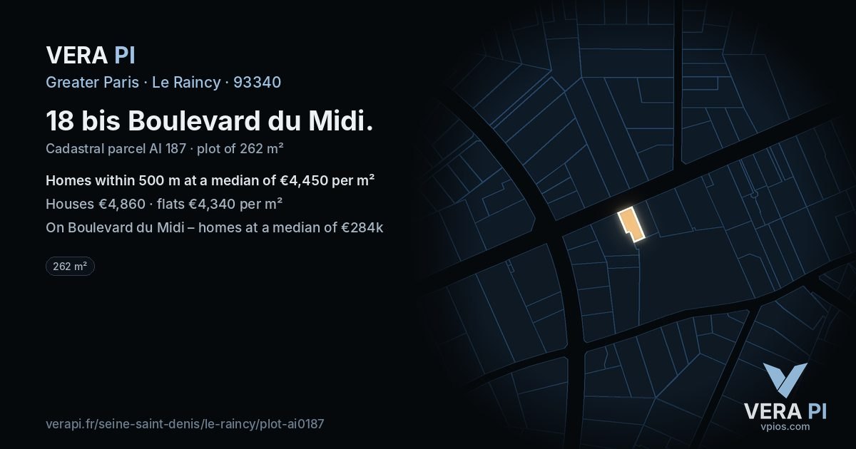18 bis Boulevard du Midi, Le Raincy at night – the plot lit, the parcels around coloured by the prices near them