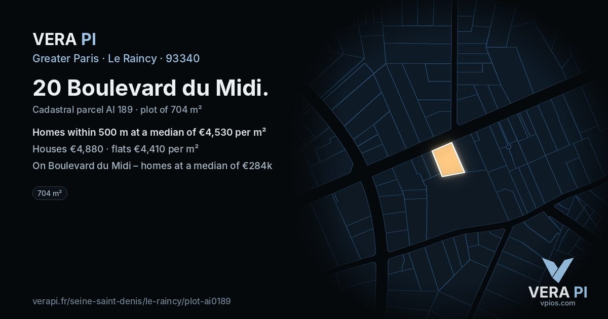 20 Boulevard du Midi, Le Raincy at night – the plot lit, the parcels around coloured by the prices near them