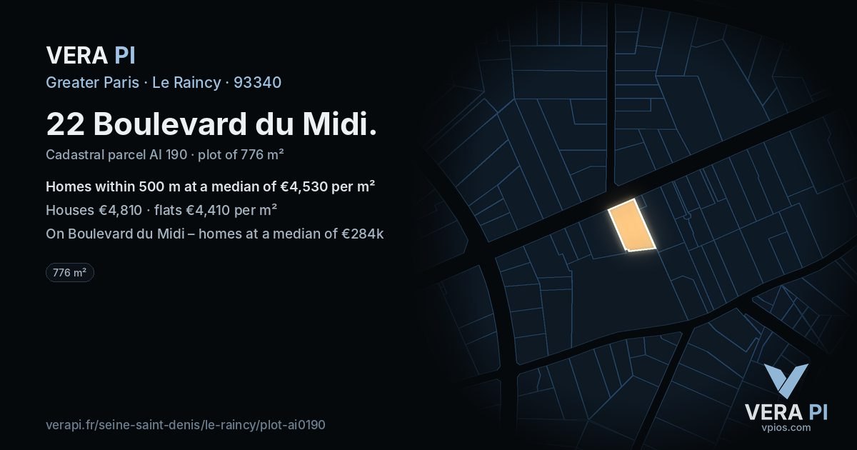 22 Boulevard du Midi, Le Raincy at night – the plot lit, the parcels around coloured by the prices near them