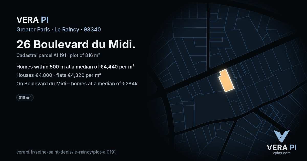 26 Boulevard du Midi, Le Raincy at night – the plot lit, the parcels around coloured by the prices near them