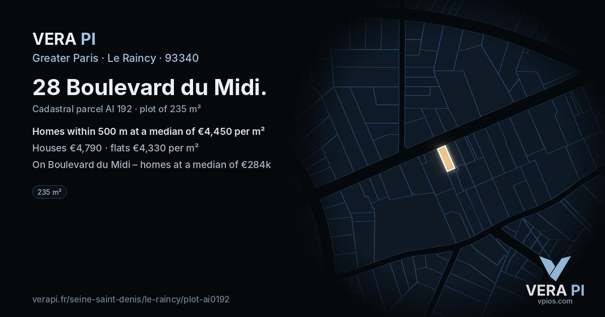28 Boulevard du Midi, Le Raincy at night – the plot lit, the parcels around coloured by the prices near them