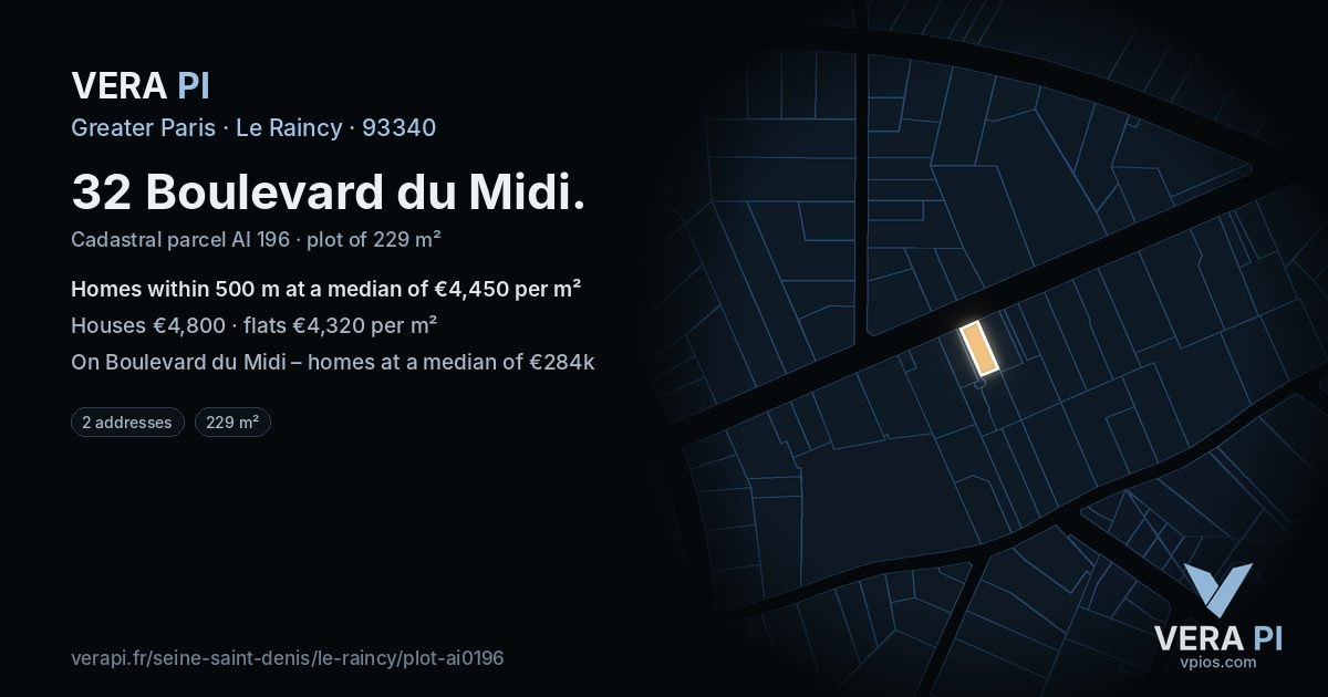 32 Boulevard du Midi, Le Raincy at night – the plot lit, the parcels around coloured by the prices near them