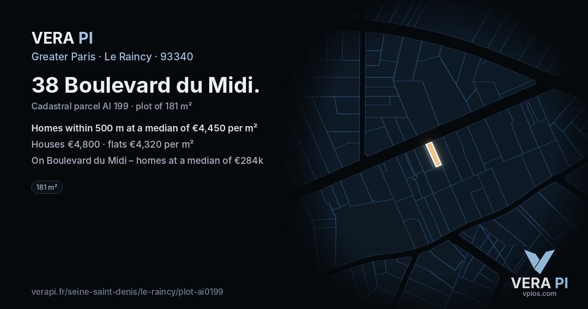 38 Boulevard du Midi, Le Raincy at night – the plot lit, the parcels around coloured by the prices near them