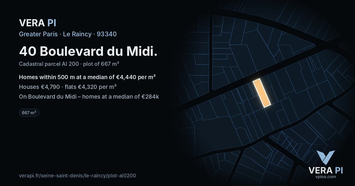 40 Boulevard du Midi, Le Raincy at night – the plot lit, the parcels around coloured by the prices near them