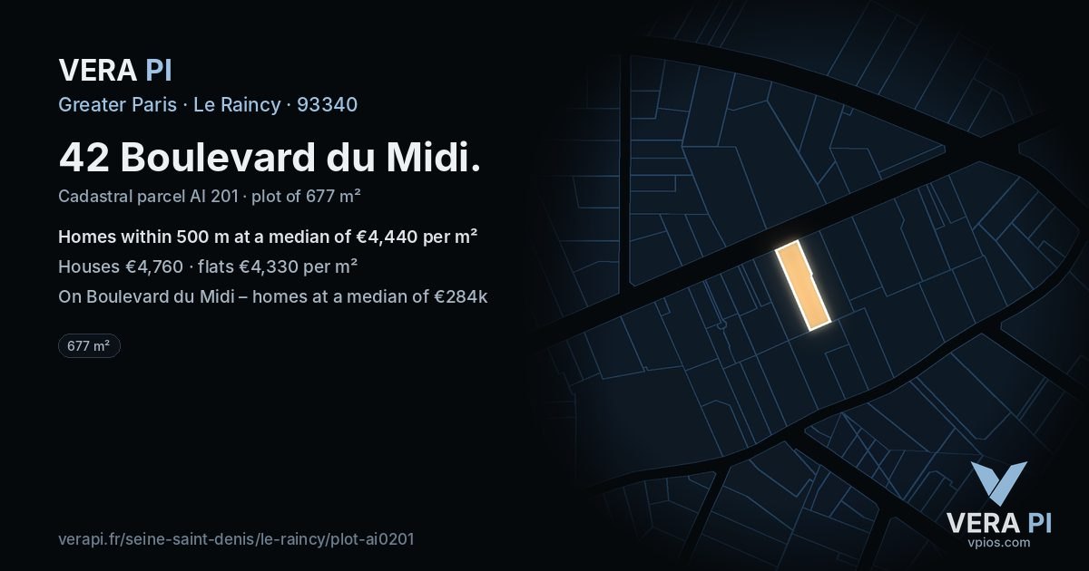 42 Boulevard du Midi, Le Raincy at night – the plot lit, the parcels around coloured by the prices near them
