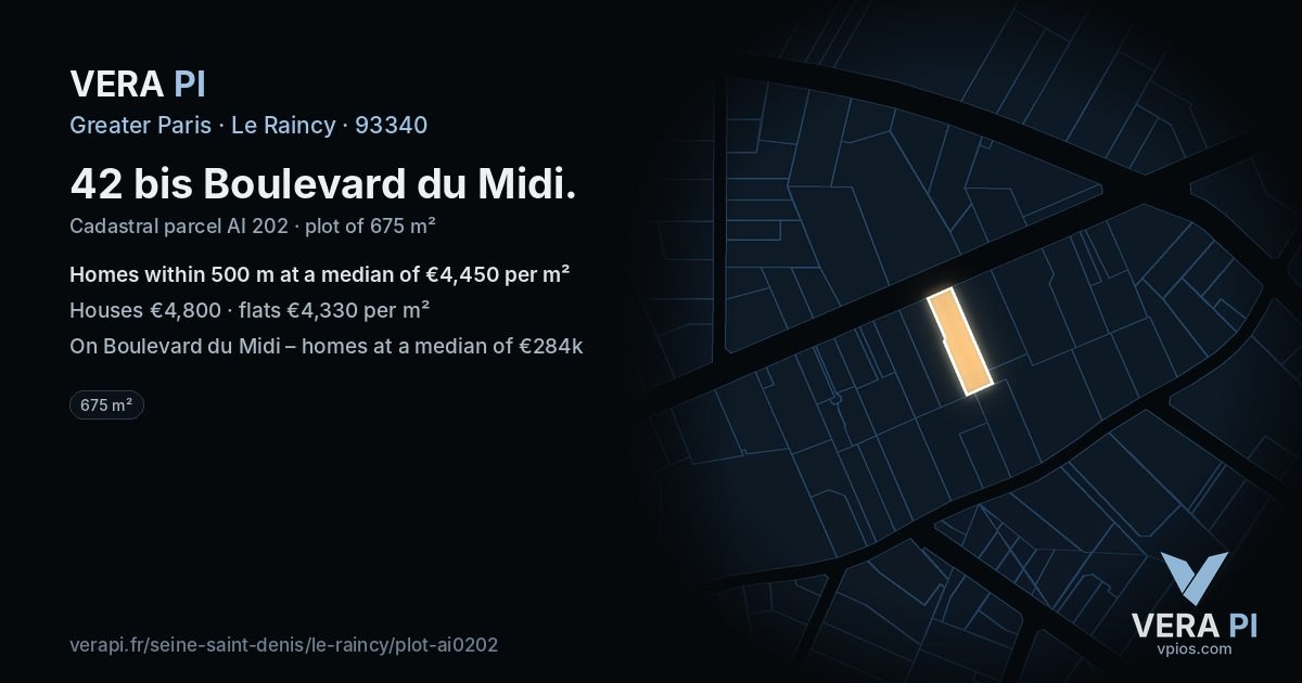 42 bis Boulevard du Midi, Le Raincy at night – the plot lit, the parcels around coloured by the prices near them