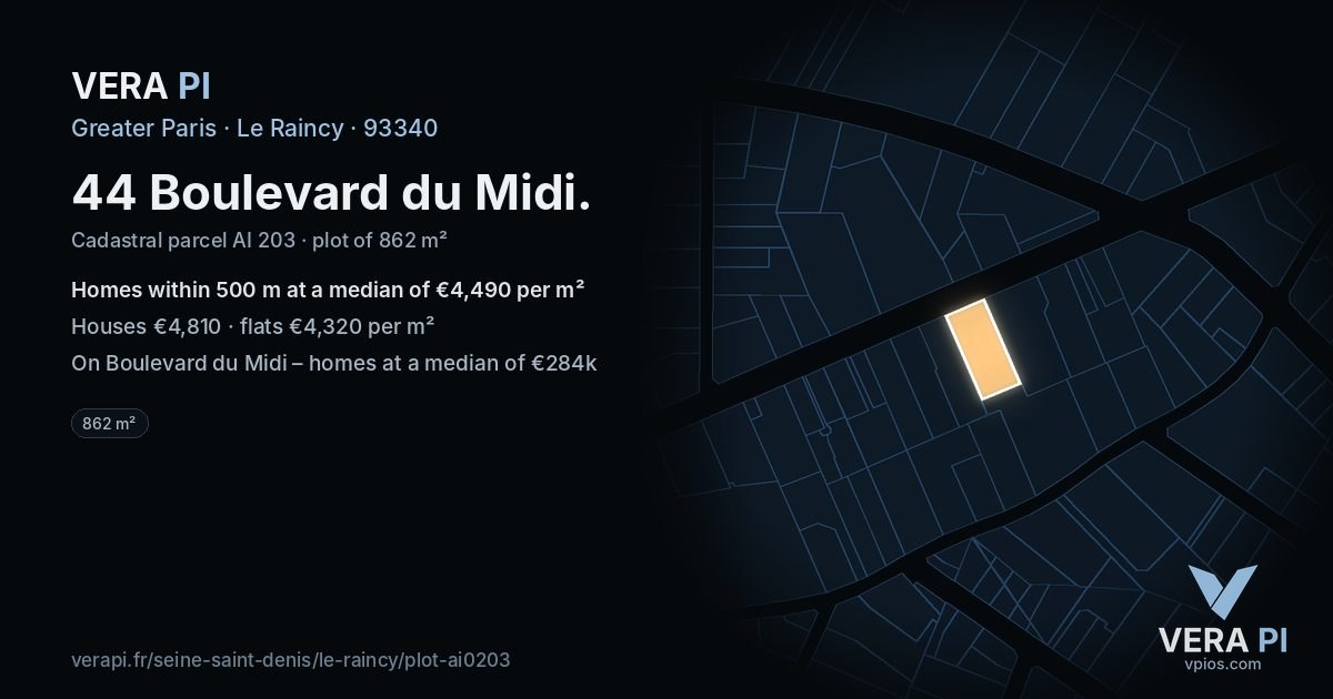 44 Boulevard du Midi, Le Raincy at night – the plot lit, the parcels around coloured by the prices near them