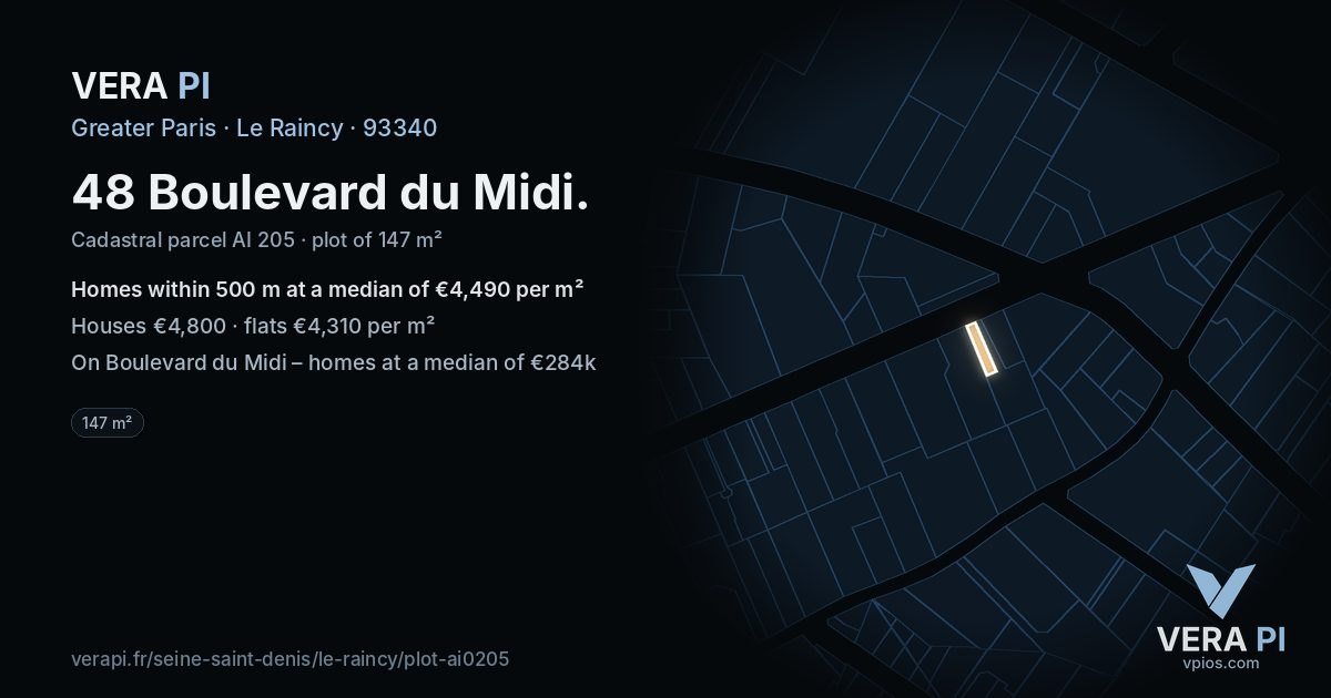 48 Boulevard du Midi, Le Raincy at night – the plot lit, the parcels around coloured by the prices near them