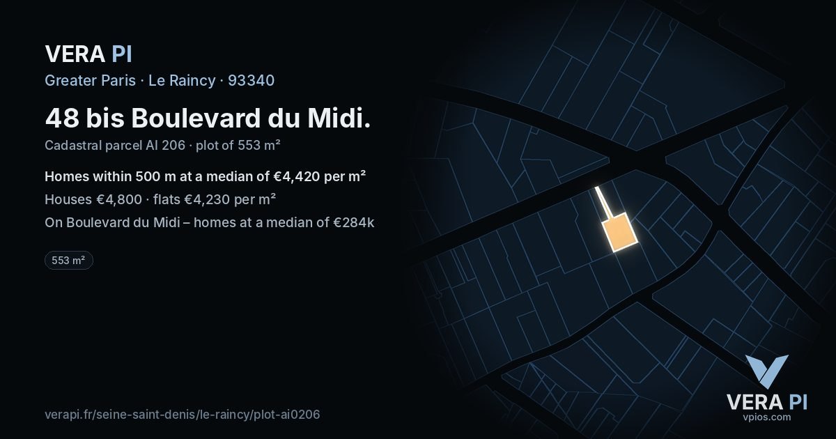 48 bis Boulevard du Midi, Le Raincy at night – the plot lit, the parcels around coloured by the prices near them