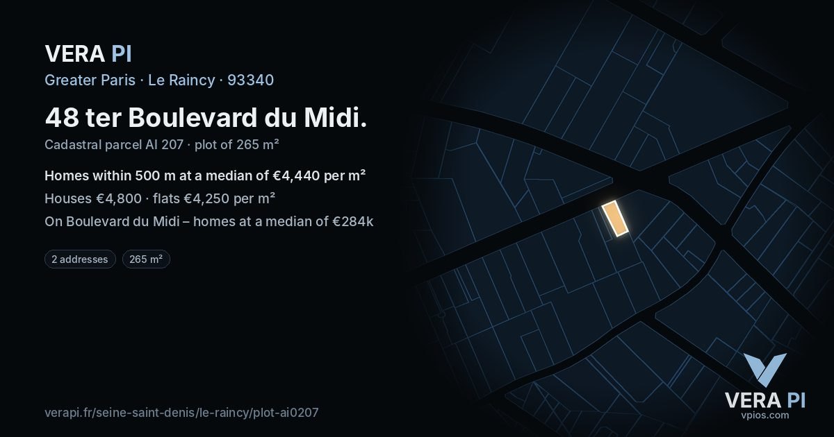 48 ter Boulevard du Midi, Le Raincy at night – the plot lit, the parcels around coloured by the prices near them