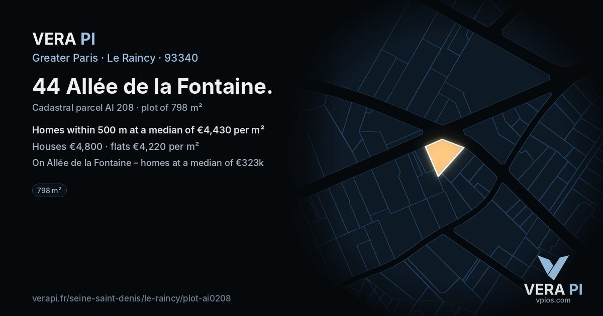 44 Allée de la Fontaine, Le Raincy at night – the plot lit, the parcels around coloured by the prices near them