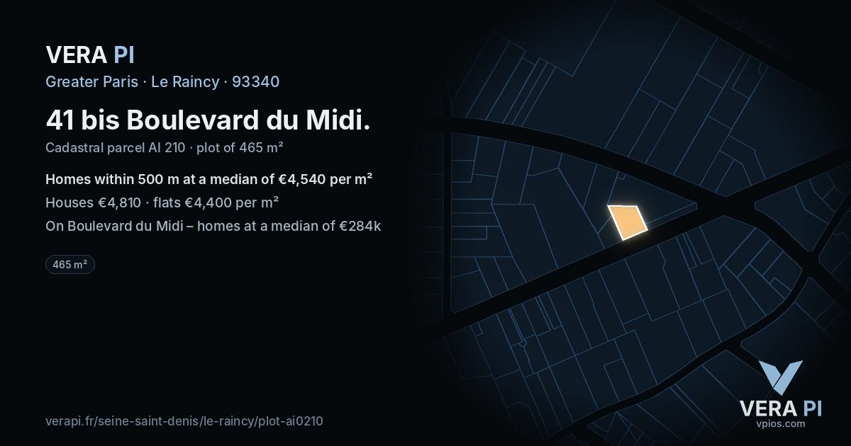 41 bis Boulevard du Midi, Le Raincy at night – the plot lit, the parcels around coloured by the prices near them